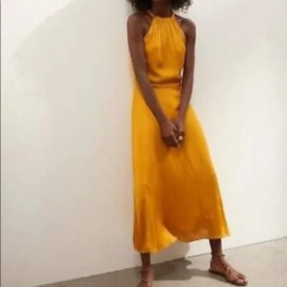 NWOT Banana Republic Midi Satin Halter Dress - Size 4, Golden/mustard